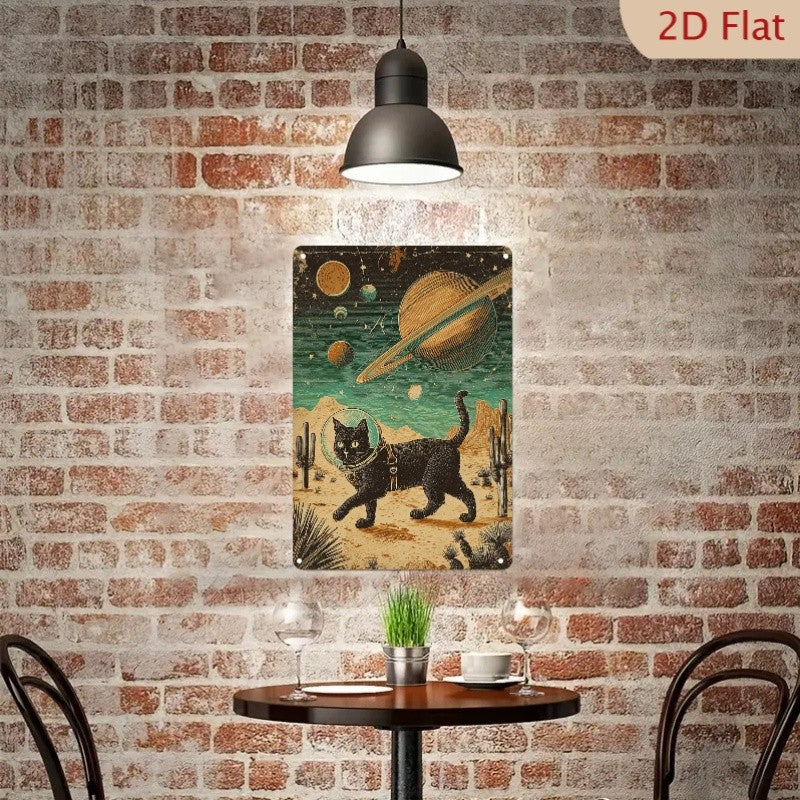 Astronaut Cat Metal Sign - Space Travel Cat Tin Wall Art Decor Plaque