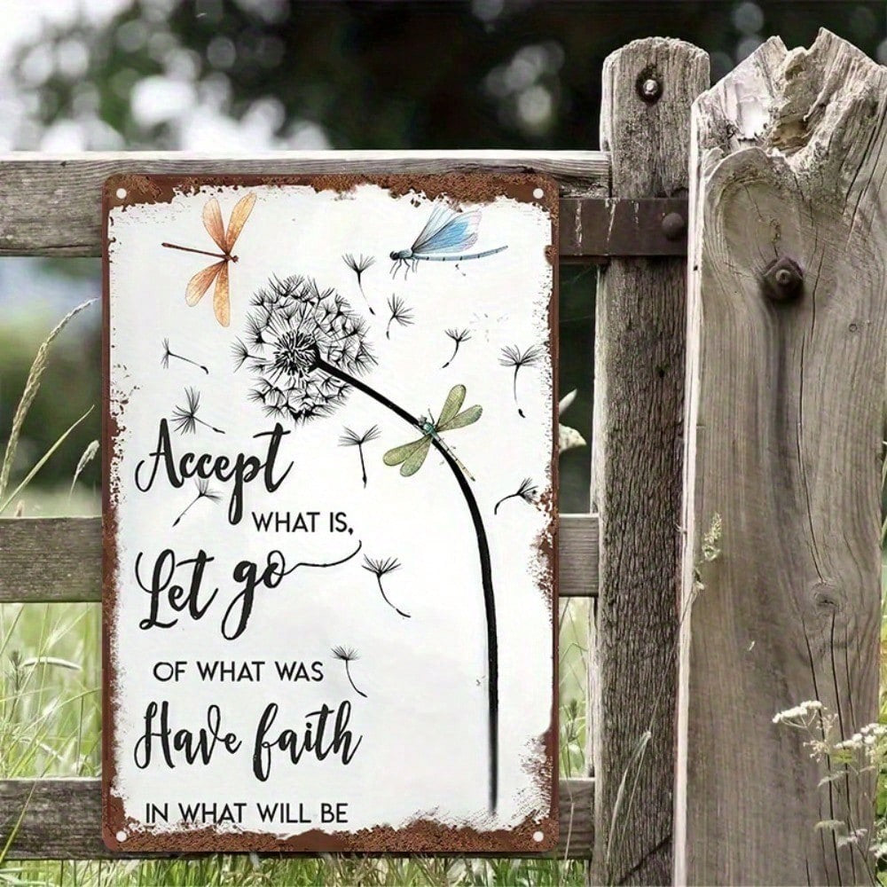 Accept What Is Let Go Tin Sign Vintage Metal Dragonfly Wall Decor Motivational