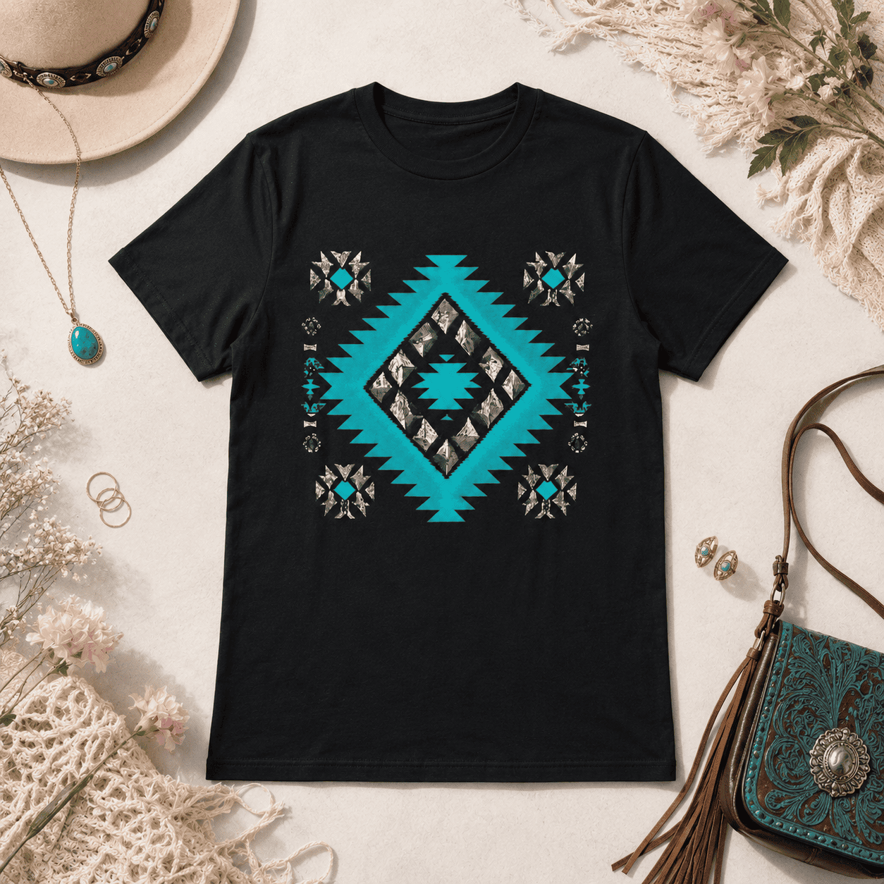 Women Southwestern Green Diamond Graphic T-Shirt Casual Summer Tee