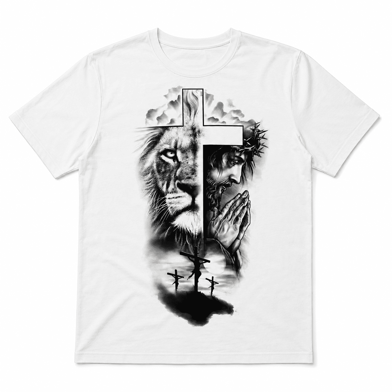 Lion of Judah and Jesus Crown of Thorns Graphic Tee - Christian Faith T-Shirt