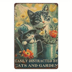 "Easily Distracted by Cats and Garden" Metal Sign - Cute Kitten Tin Wall Art
