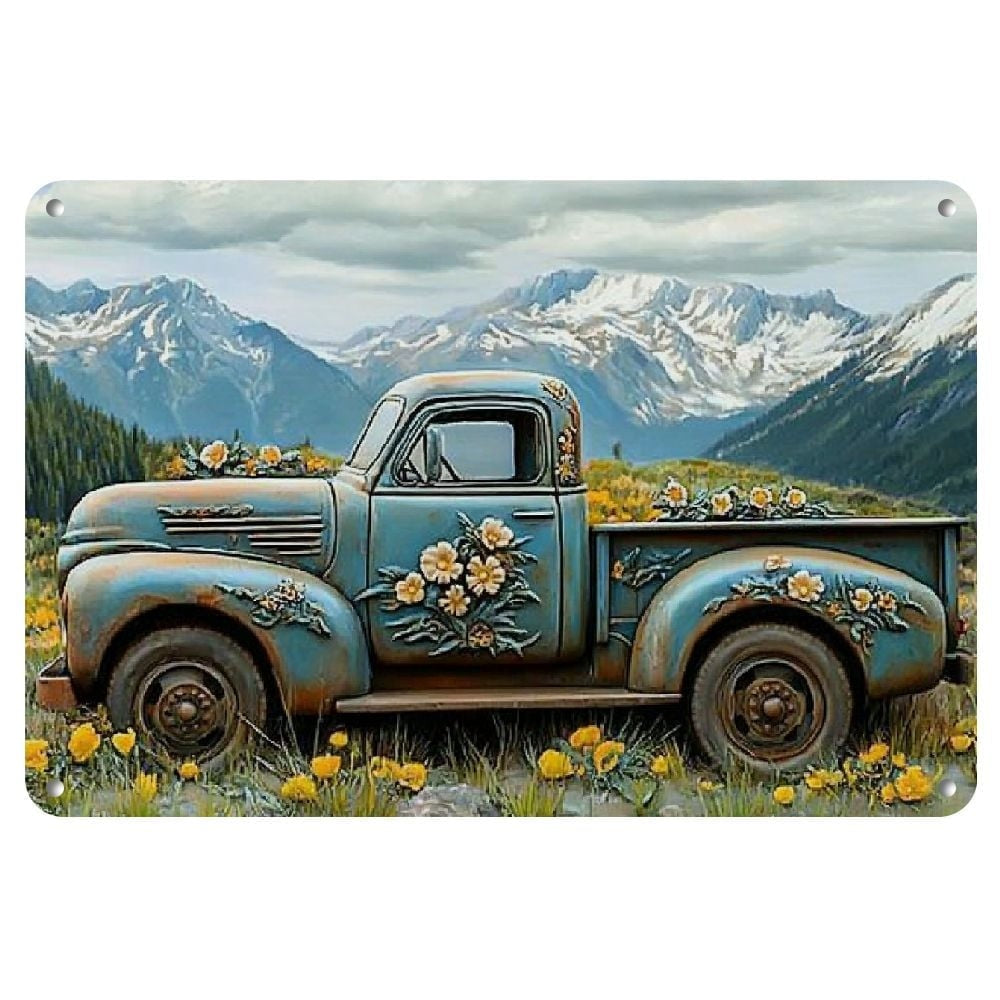 Rustic Farm Truck Metal Sign Retro Floral Pickup Mountain Landscape Wall Decor