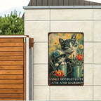 "Easily Distracted by Cats and Garden" Metal Sign - Cute Kitten Tin Wall Art
