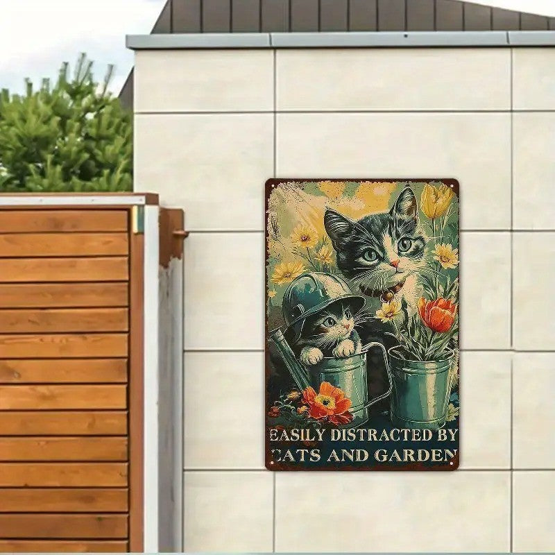"Easily Distracted by Cats and Garden" Metal Sign - Cute Kitten Tin Wall Art