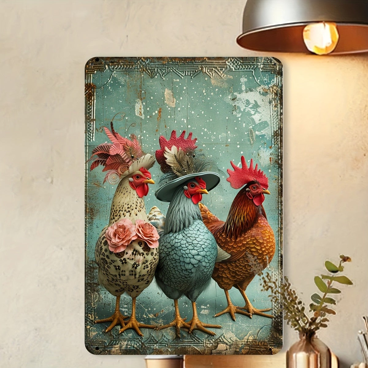 Rustic Fancy Dressed Chickens Metal Tin Sign Retro Country Kitchen Wall Decor