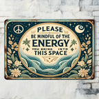 Mindful Of The Energy Tin Sign Celestial Metal Wall Art Yoga Studio Room Decor