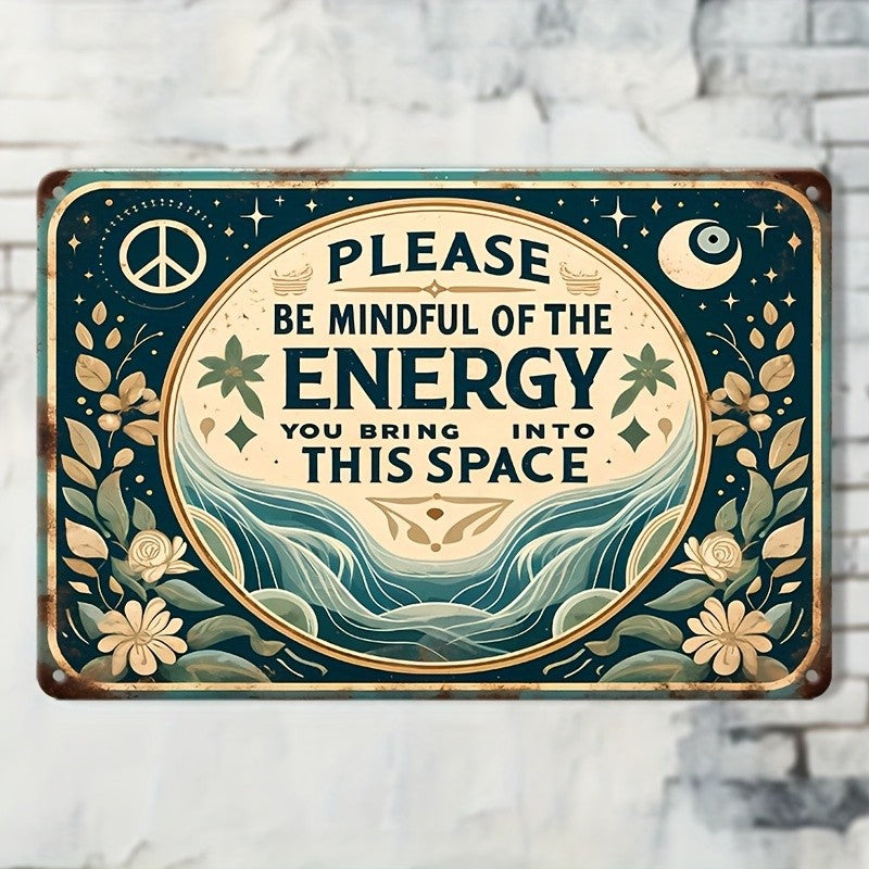 Mindful Of The Energy Tin Sign Celestial Metal Wall Art Yoga Studio Room Decor