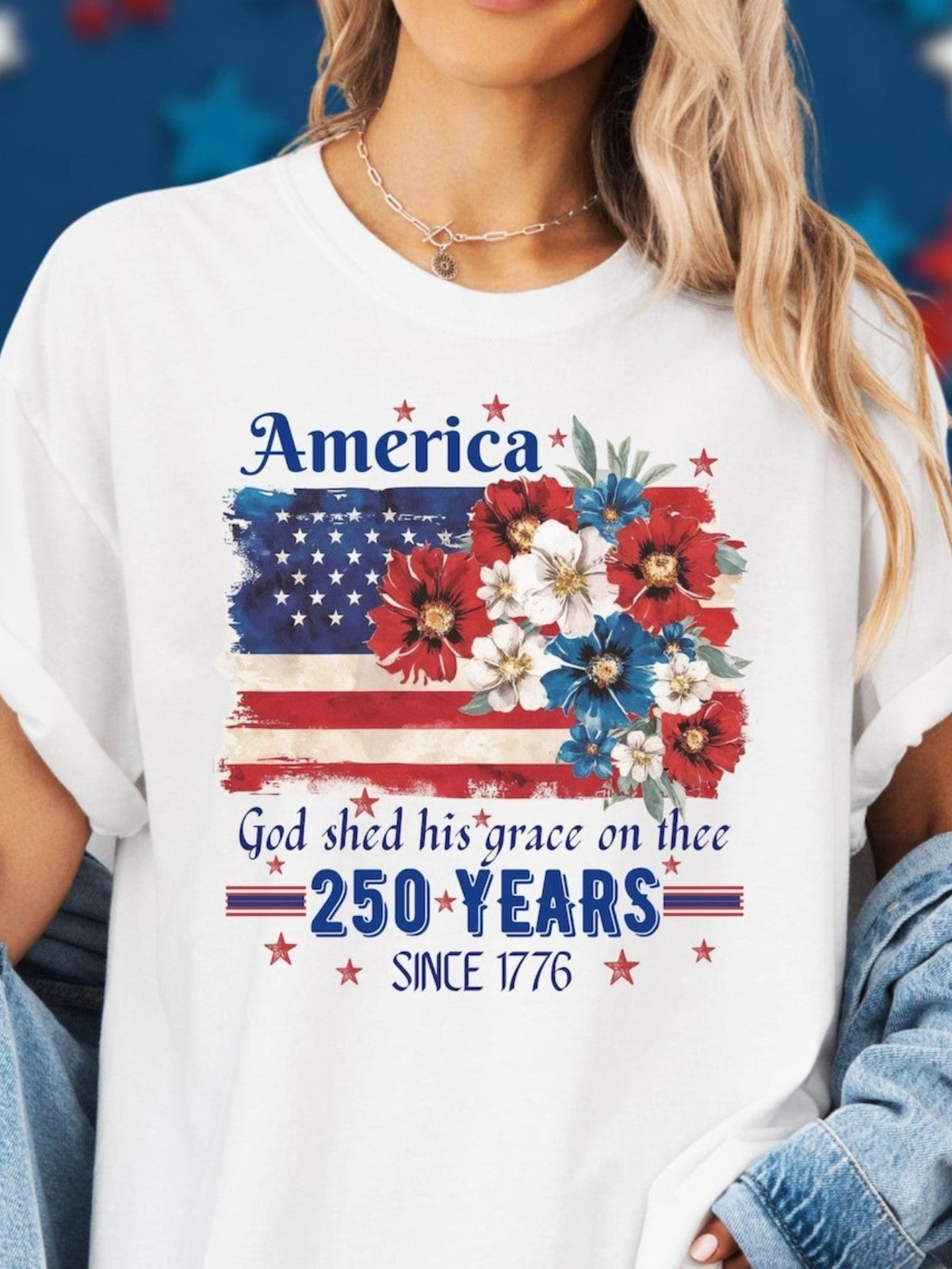 Women's 250th Anniversary American Flag Floral Patriotic Graphic T-Shirt