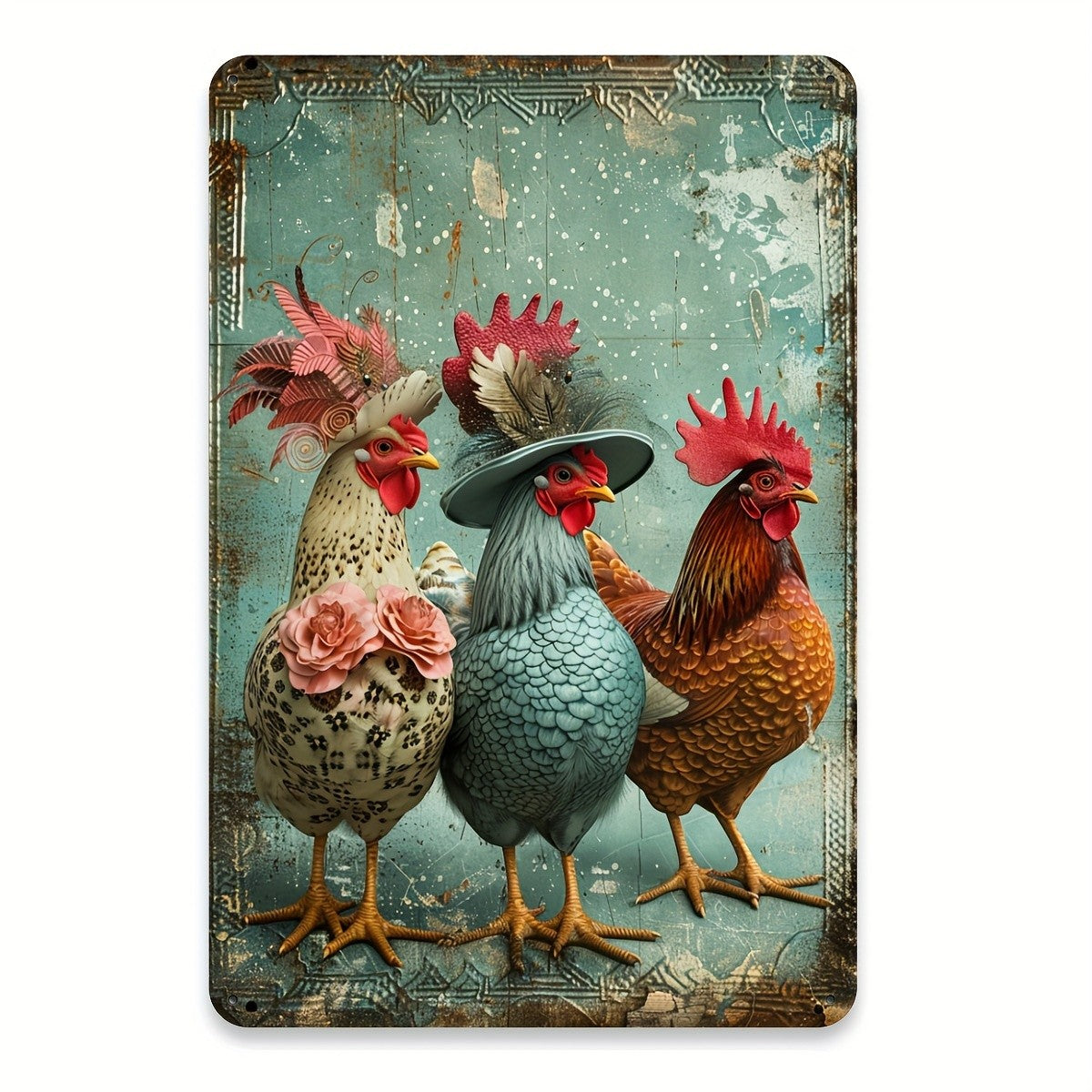 Rustic Fancy Dressed Chickens Metal Tin Sign Retro Country Kitchen Wall Decor