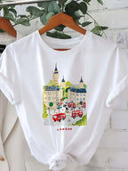 Women London Big Ben Graphic T-Shirt Red Taxi UK Travel Casual Crew Neck Tee