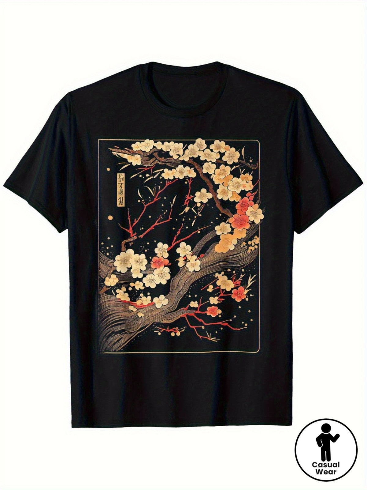 Japanese Woodblock Cherry Blossom Graphic T-Shirt Floral Art Tee