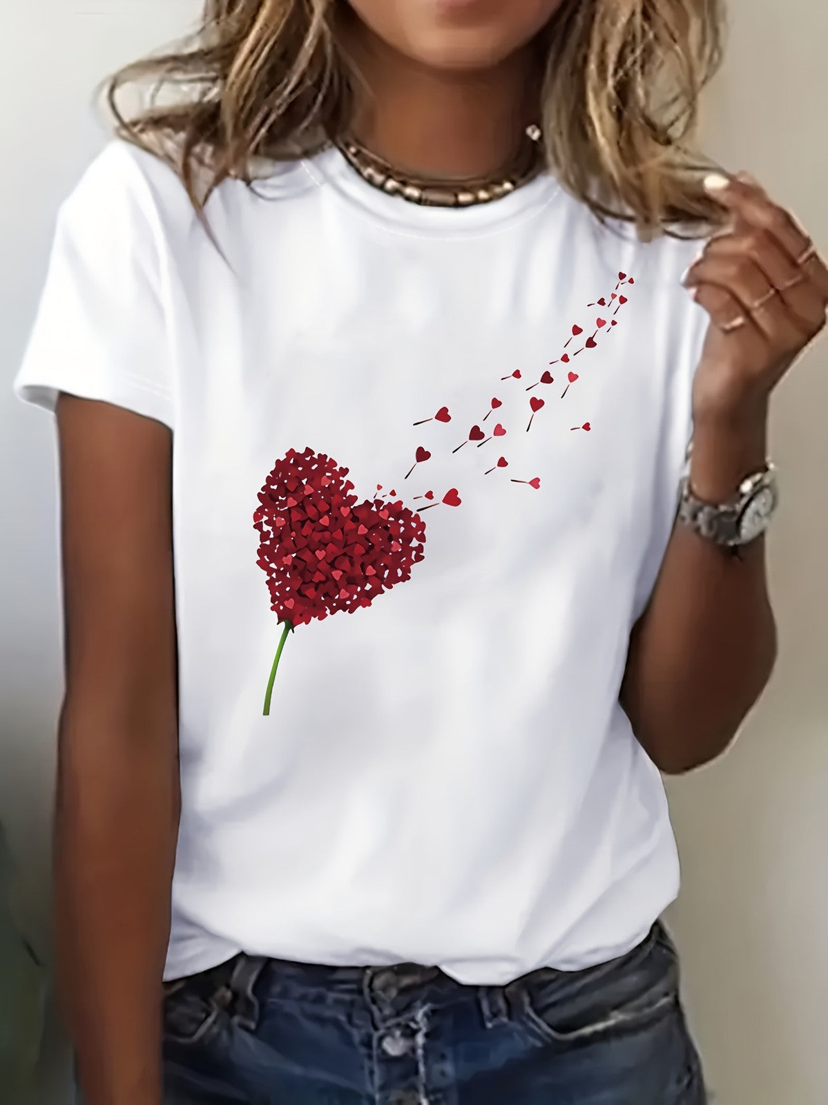 Women's Heart Print Mother's Day Graphic Crew Neck Casual Short Sleeve T-Shirt