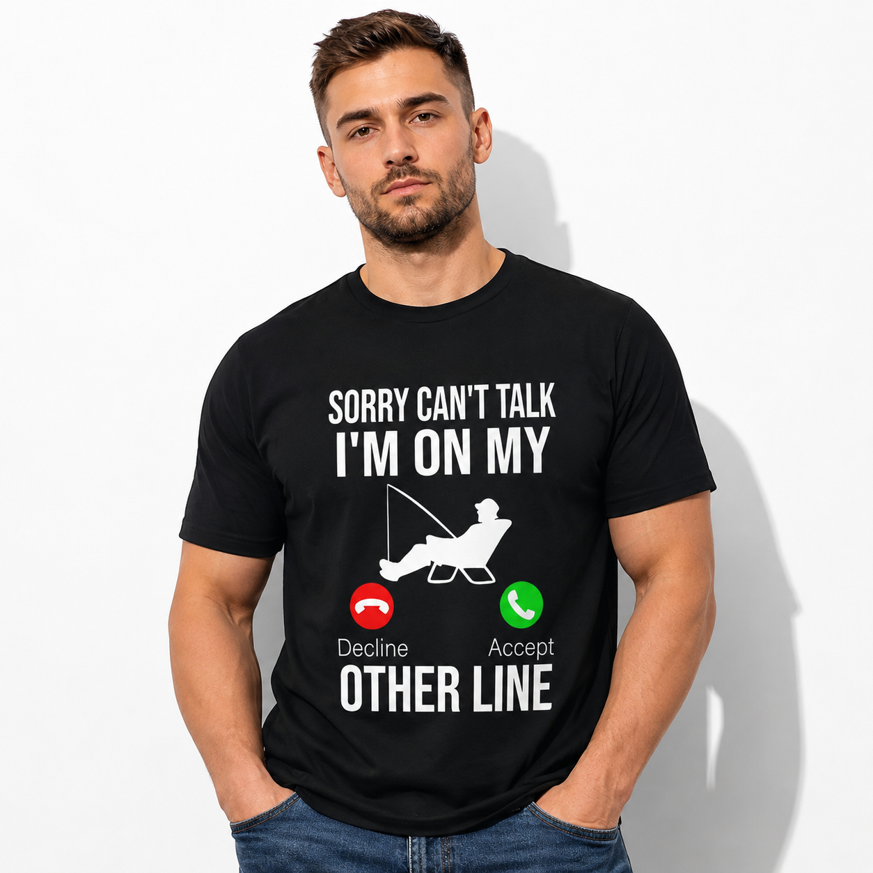 Sorry I'm On My Other Line Funny Fishing Tee - Men's Outdoors Hobby T-Shirt