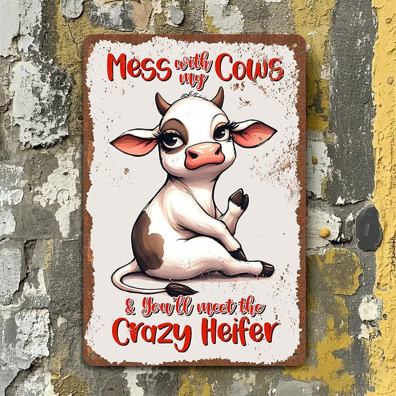 Funny Cow Metal Sign - Retro Crazy Heifer Farmhouse Tin Wall Decor