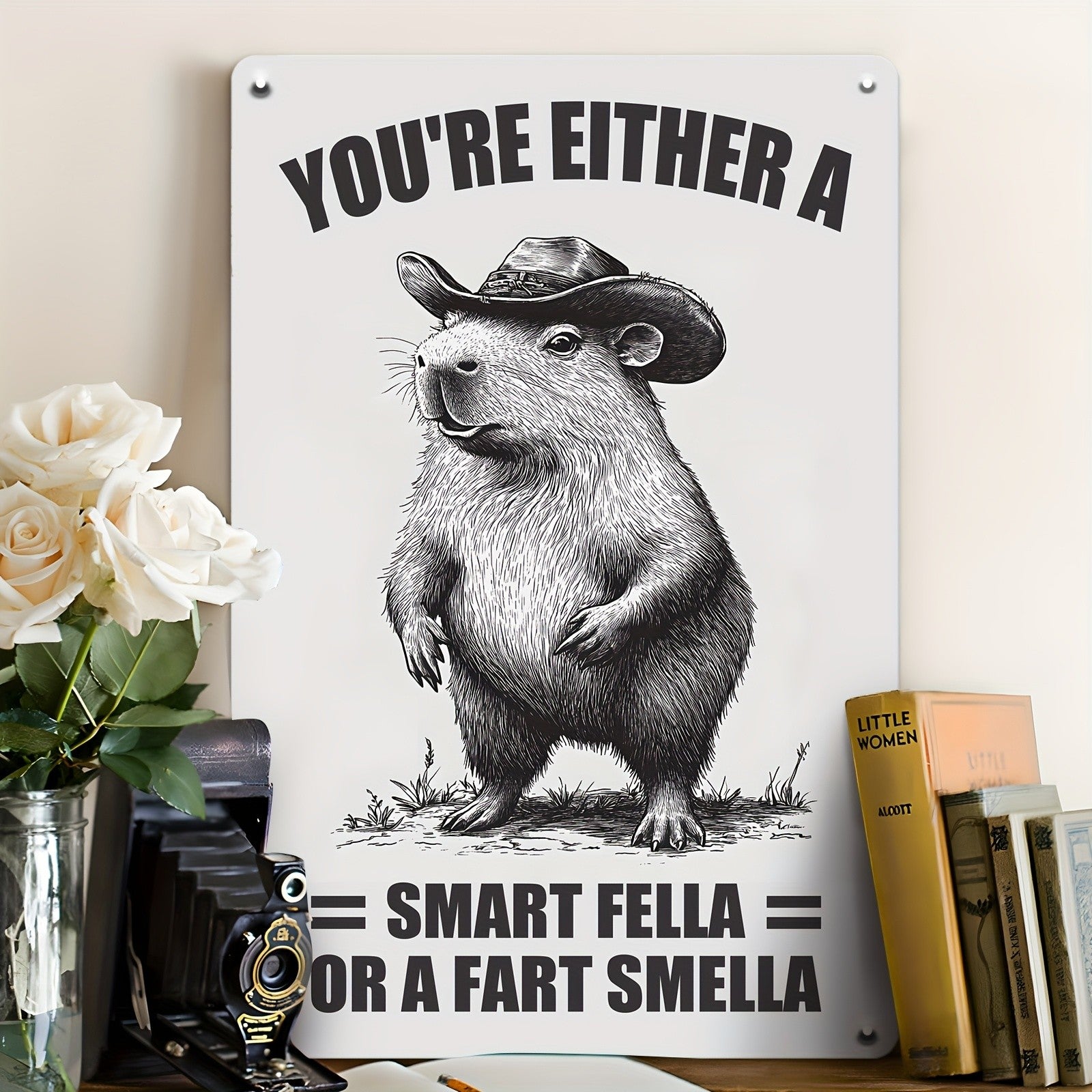 Funny Metal Tin Sign Wall Art Cowboy Capybara - 'Smart Fella Or A Fart Smella'