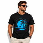 Tropical Palms Sunset Graphic Tee - Minimalist Blue Coastal Streetwear Shirt