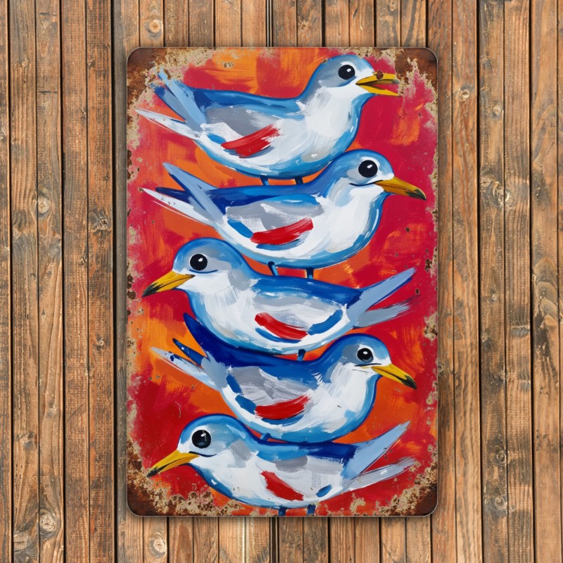Stacked Birds Metal Sign - Colorful Whimsical Tin Wall Art Decor Plaque