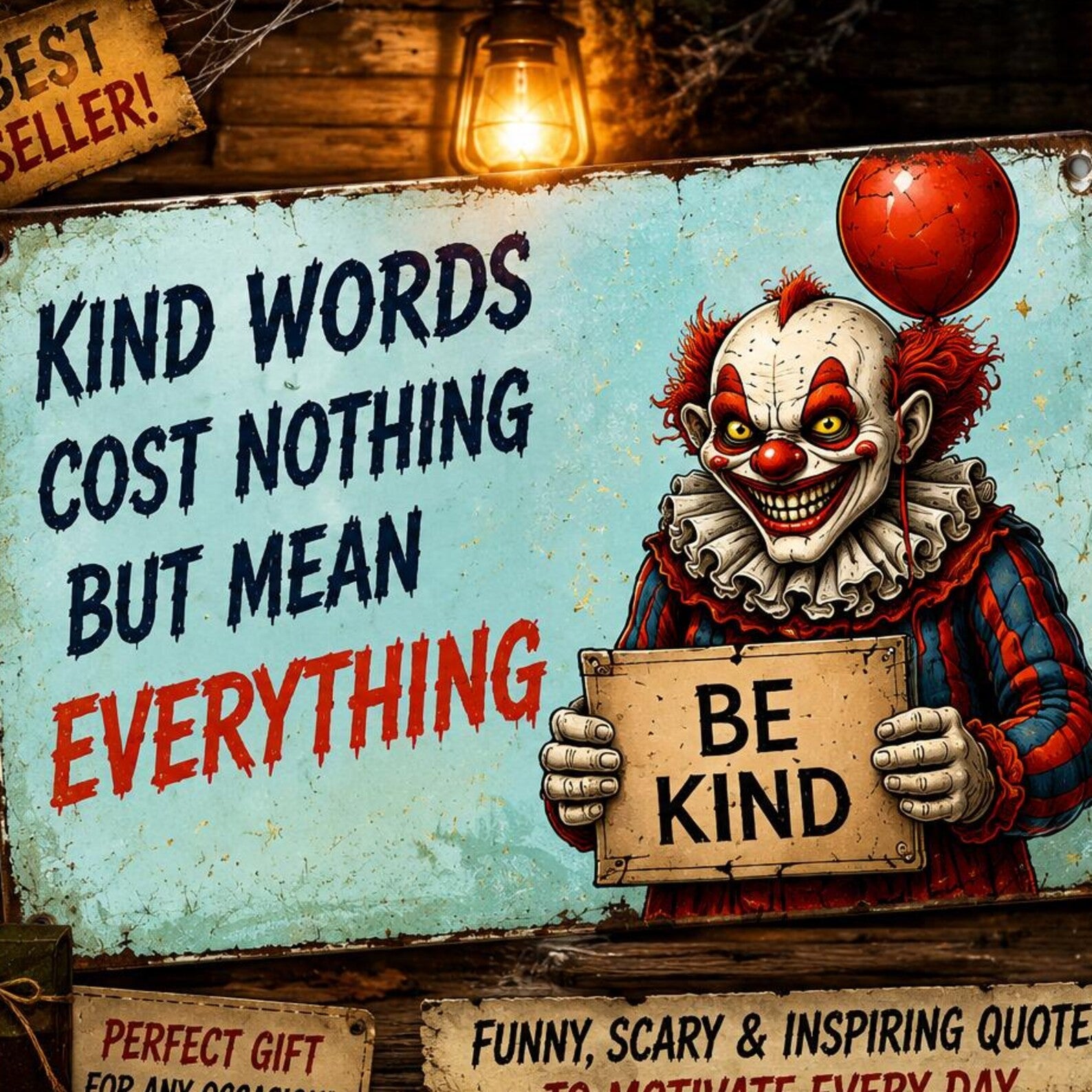 Horror Motivation Metal Sign, Vintage Clown Gothic Decor, Funny Scary Quotes