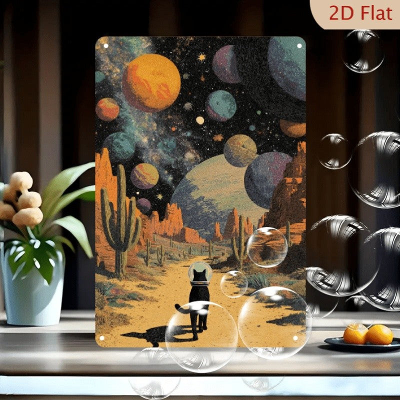 Astronaut Cat Metal Sign - Surreal Space Desert Tin Wall Art Decor Plaque