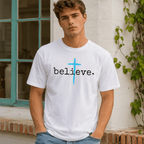 Men’s Believe Cross Christian Faith Graphic T-Shirt Religious Inspirational Tee