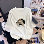 Cute Cat Graphic Tee Kitten Peek Hole Funny T-Shirt Casual Cotton Shirt