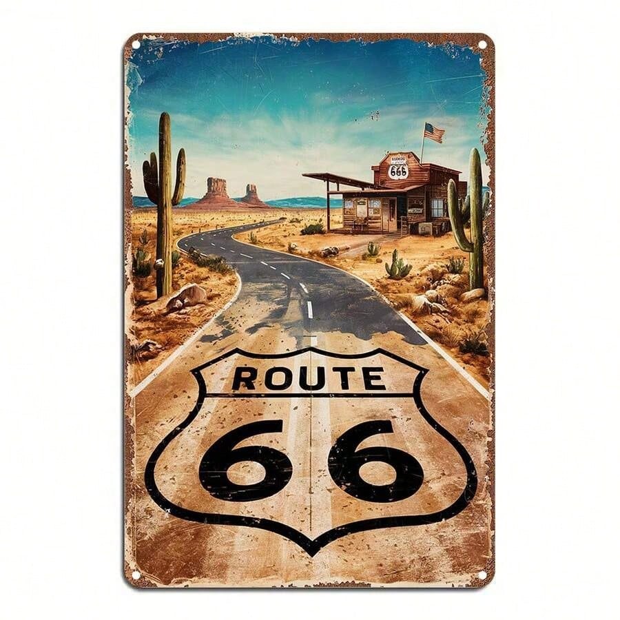 Route 66 Desert Highway Tin Sign - Vintage Arizona Saguaro Cactus Wall Decor