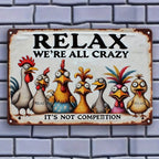Relax Were All Crazy Tin Sign Funny Chicken Metal Wall Art Farmhouse Room Decor