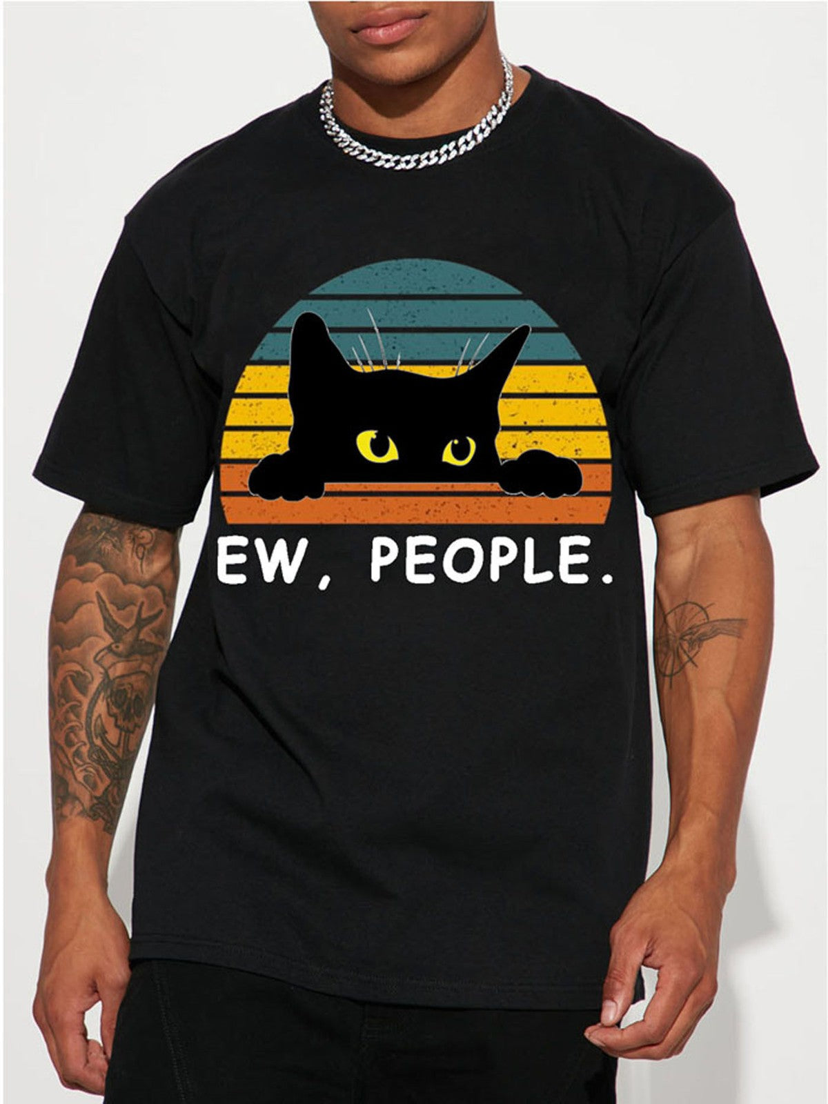 Ew People Shirt - Funny Black Cat Graphic Tee - Retro Sunset Introvert Gift
