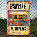 "One Life No Replays" Metal Sign - Retro Cassette Tape Tin Wall Art Decor