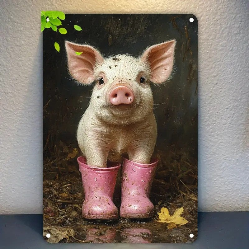 Rustic Country Piglet Tin Sign - Whimsical Pink Boots Animal Kitchen Poster