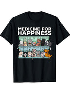 Cute Cat Graphic T-Shirt Medicine for Happiness Funny Cat Lover Tee Casual Shirt