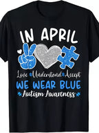 Autism Awareness April T-Shirt Love Understand Accept Blue Puzzle Tee