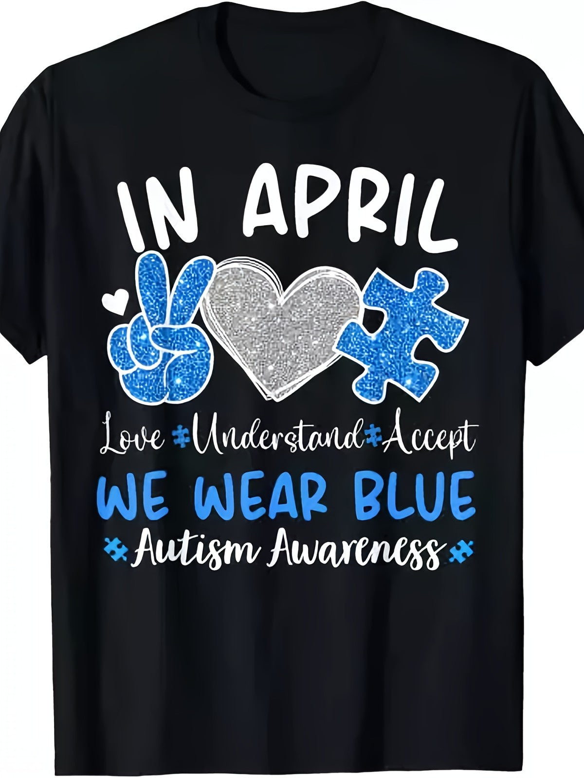 Autism Awareness April T-Shirt Love Understand Accept Blue Puzzle Tee