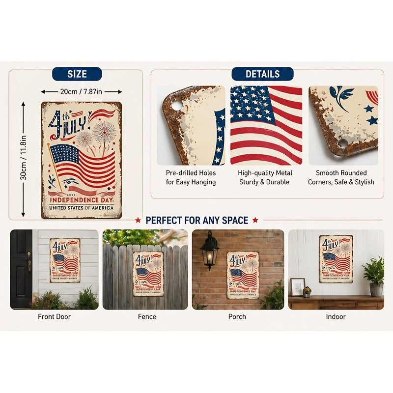 July 4th Independence Day Tin Sign American Flag Metal Sign Patriotic Wall Decor