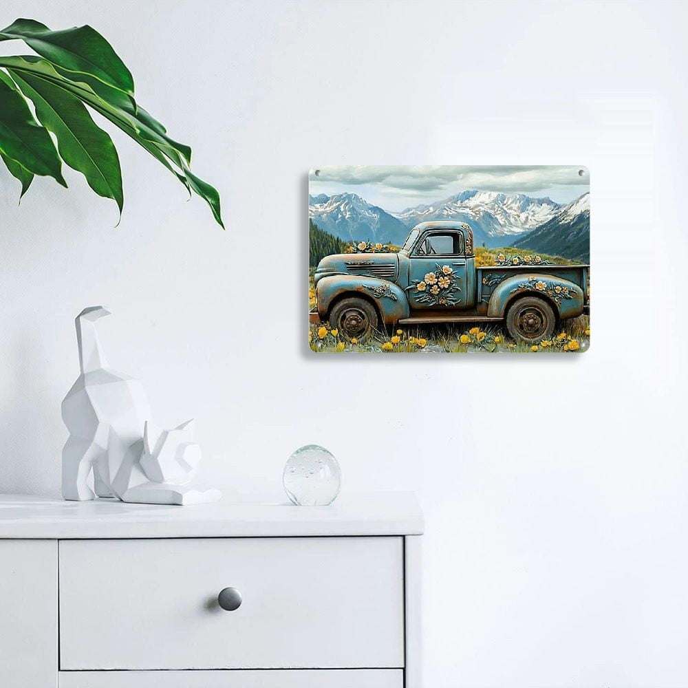 Rustic Farm Truck Metal Sign Retro Floral Pickup Mountain Landscape Wall Decor