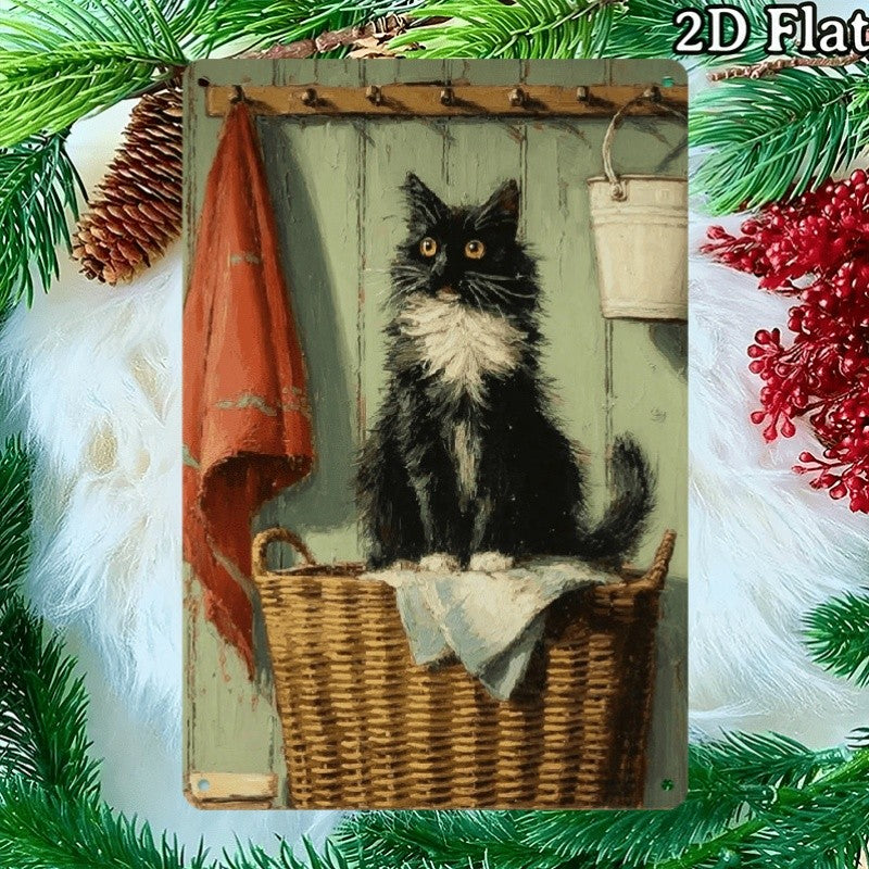 Vintage Tuxedo Cat Laundry Metal Sign - Retro Fluffy Black Cat Tin Wall Decor