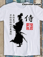 Samurai Silhouette Graphic T-Shirt Japanese Warrior Kanji Red Seal Tee