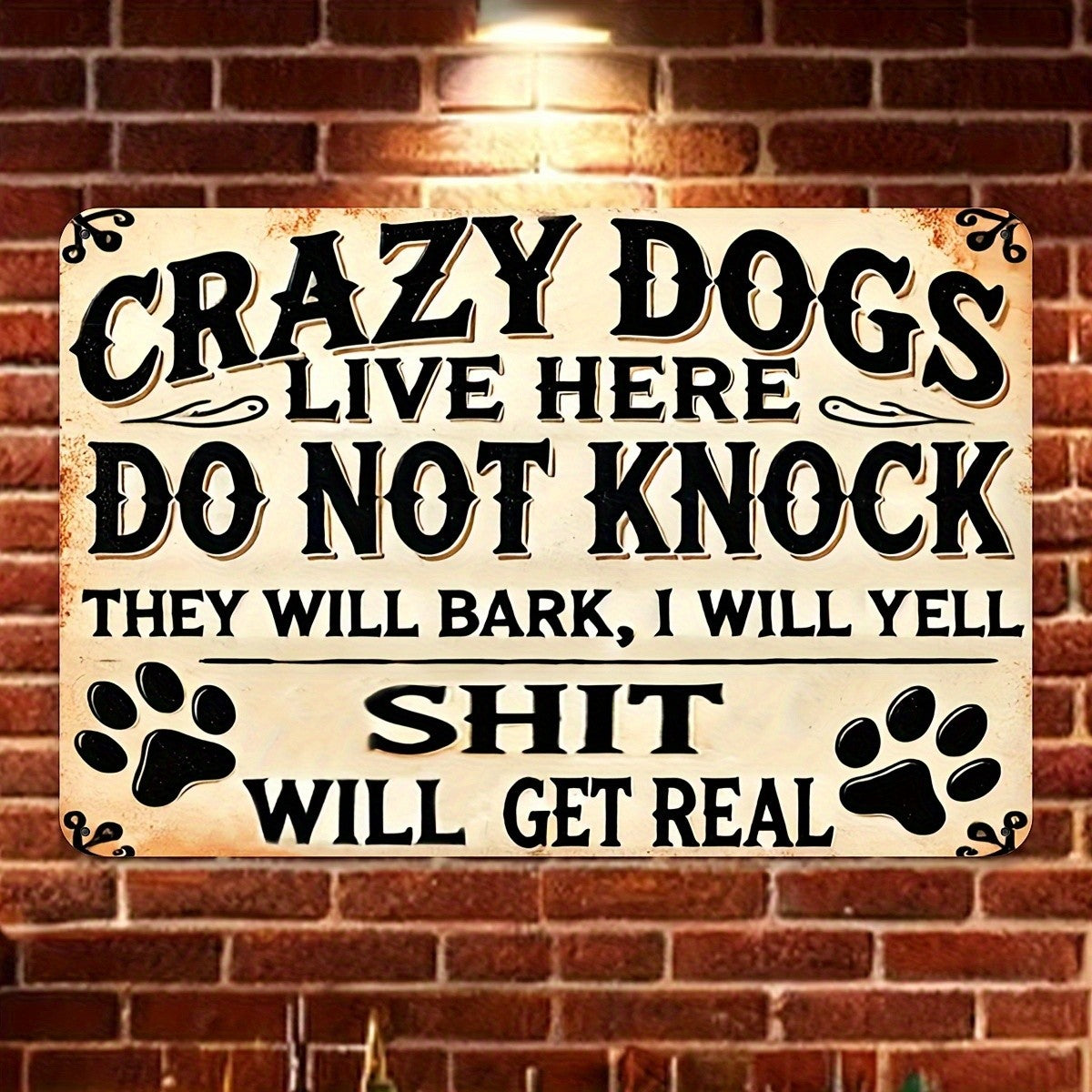 Crazy Dogs Live Here Tin Sign Funny Do Not Knock Metal Sign Dog Paw Wall Decor
