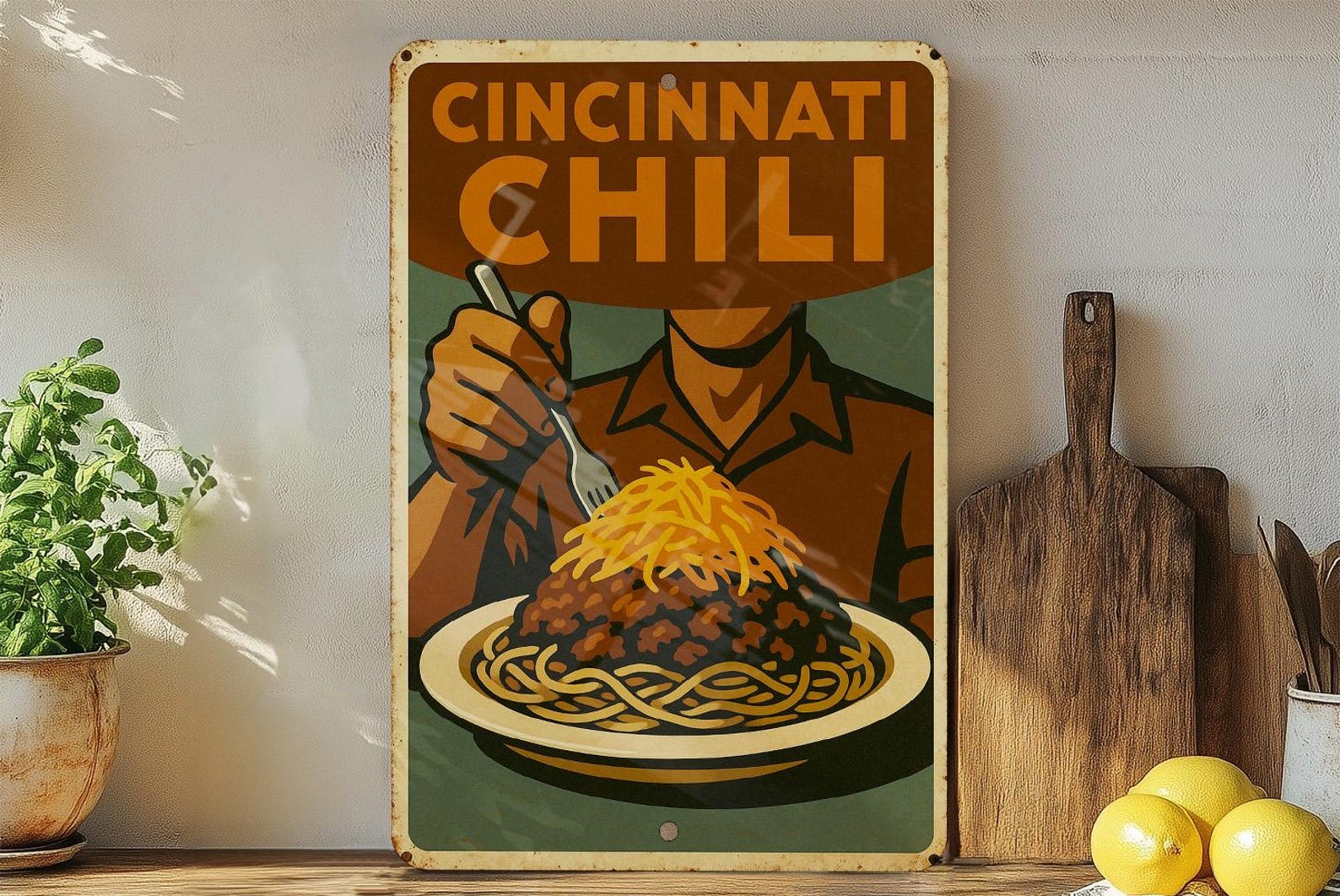 Vintage Cincinnati Chili Metal Tin Sign Retro Kitchen Wall Decor Plaque