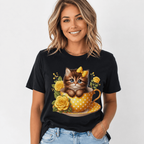 Women Cute Kitten Teacup Graphic T-Shirt Floral Cat Lover Casual Crew Neck Tee
