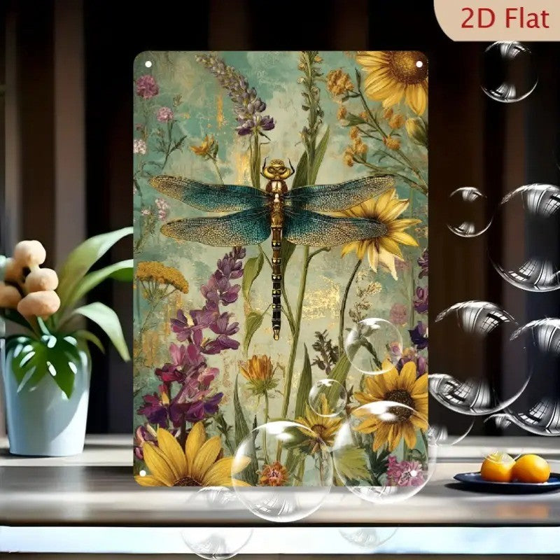 Cottagecore Dragonfly Tin Sign - Antique Teal Floral Garden Insect Art Poster