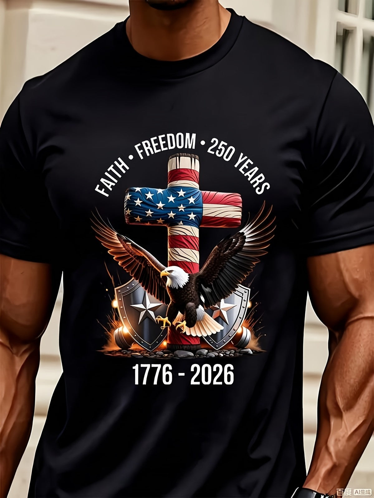 USA 250 Years Faith Freedom T Shirt Flag Cross Eagle Patriotic Graphic Tee