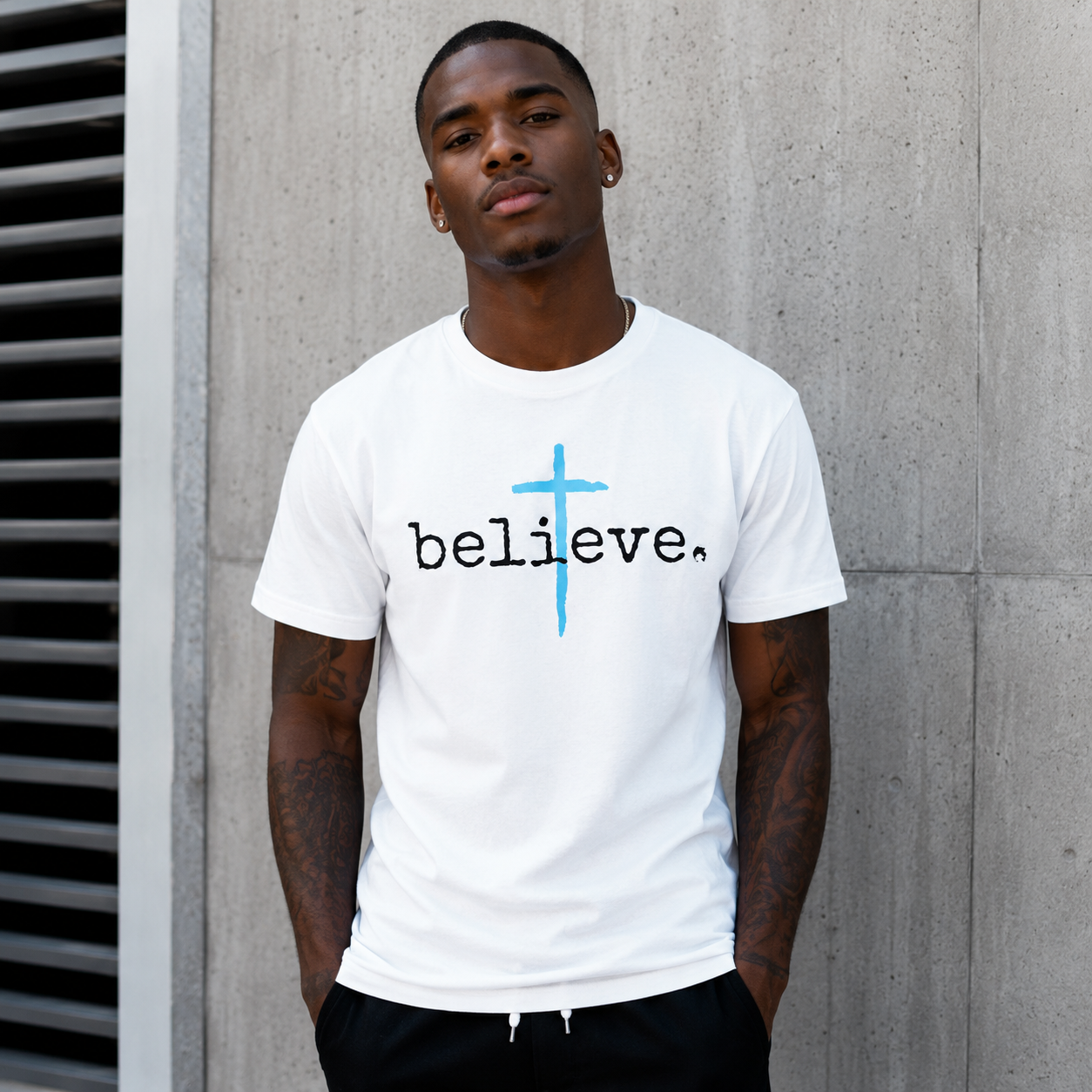 Men’s Believe Cross Christian Faith Graphic T-Shirt Religious Inspirational Tee
