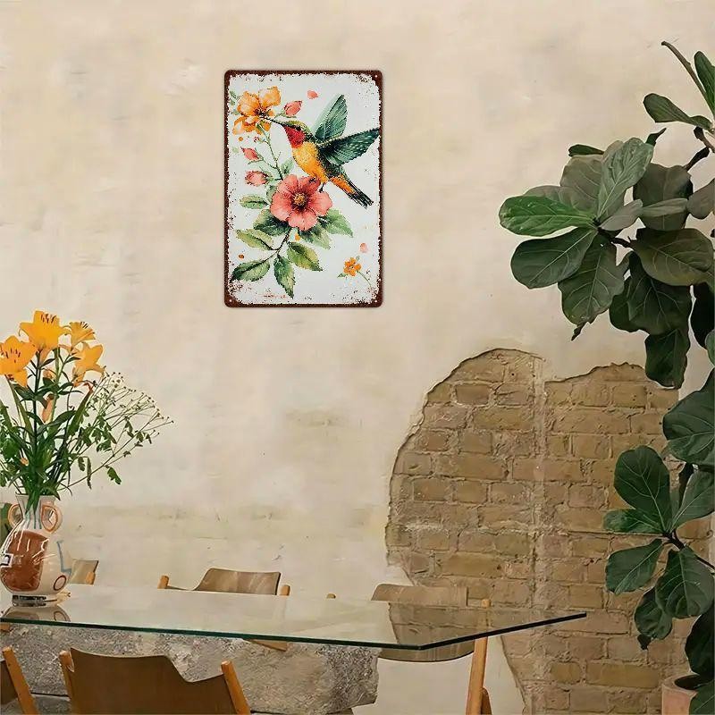 Retro Metal Hummingbird Sign Watercolor Floral Painting Cute Bedroom Kitchen Art