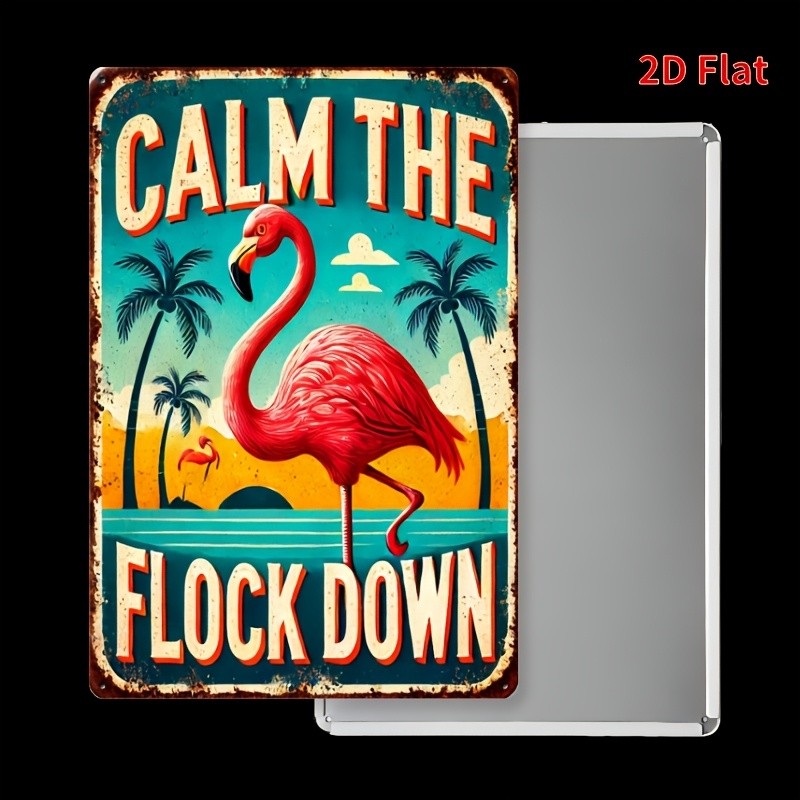 "Calm The Flock Down" Metal Sign - Funny Flamingo Tin Wall Art Decor Plaque