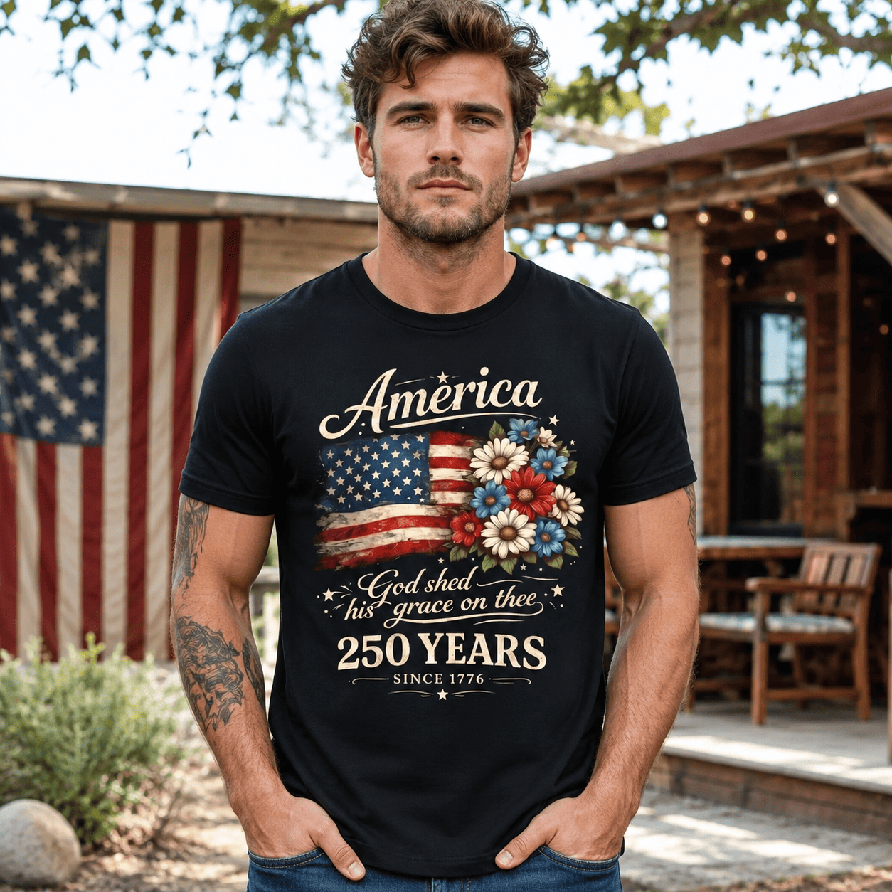 America 250 Years Floral Flag USA 250th Anniversary Patriotic T-Shirt