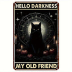 Rustic Black Cat Metal Sign Gothic Witchy Decor Hello Darkness Tin Poster