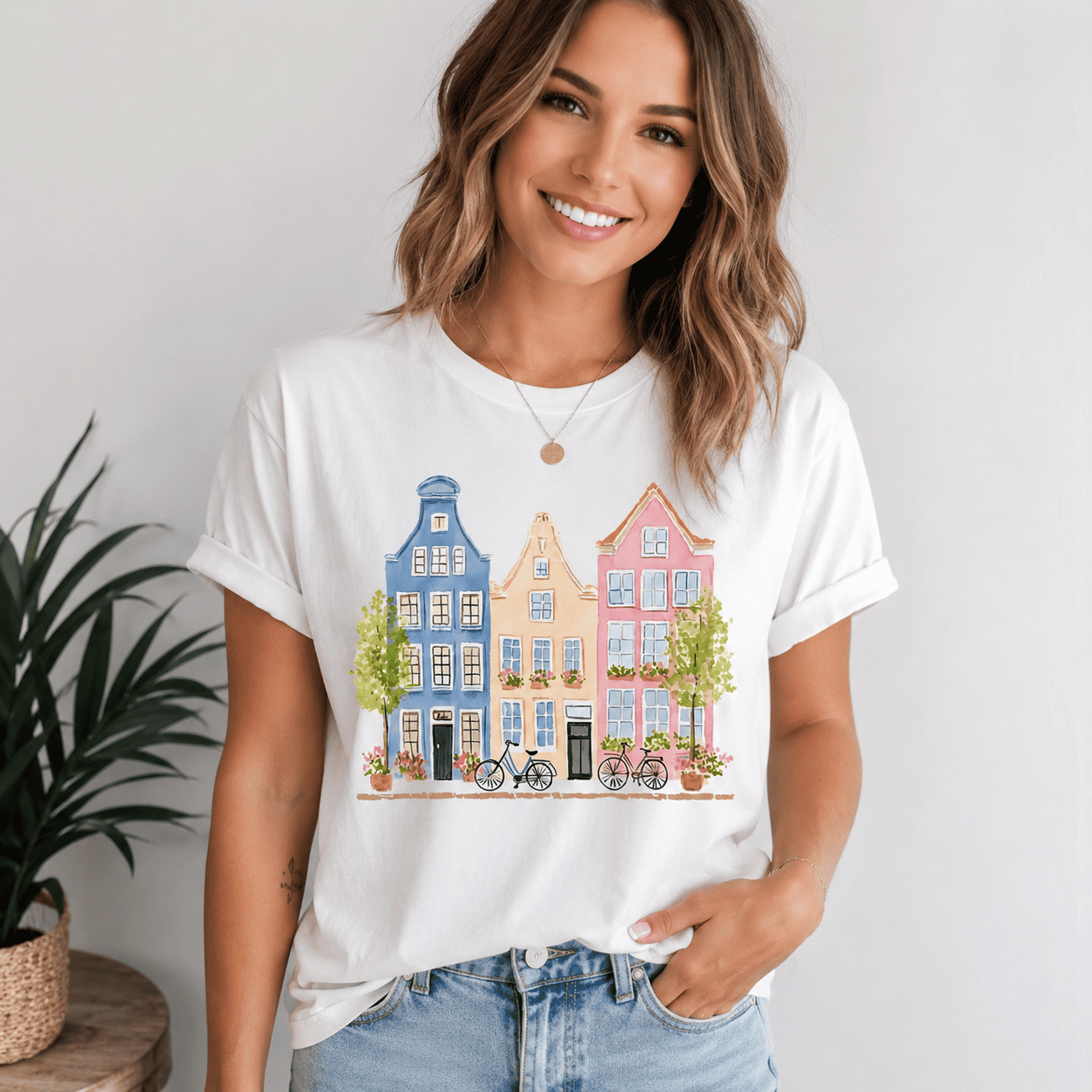 Women's Amsterdam Dutch Architecture Graphic T-Shirt Pastel Casual Tee Top