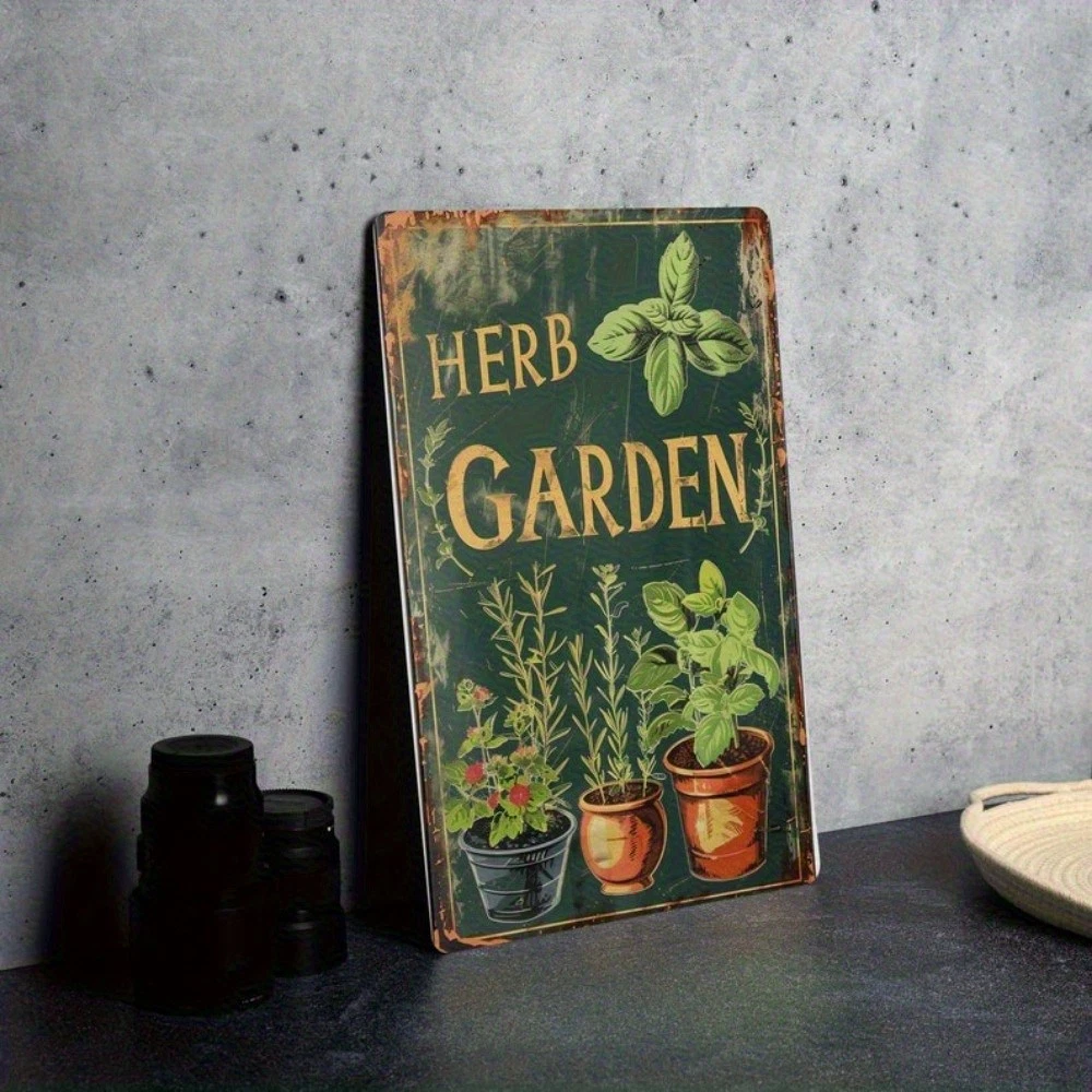 Herb Garden Tin Sign Vintage Metal Kitchen Sign Botanical Basil Pot Wall Decor
