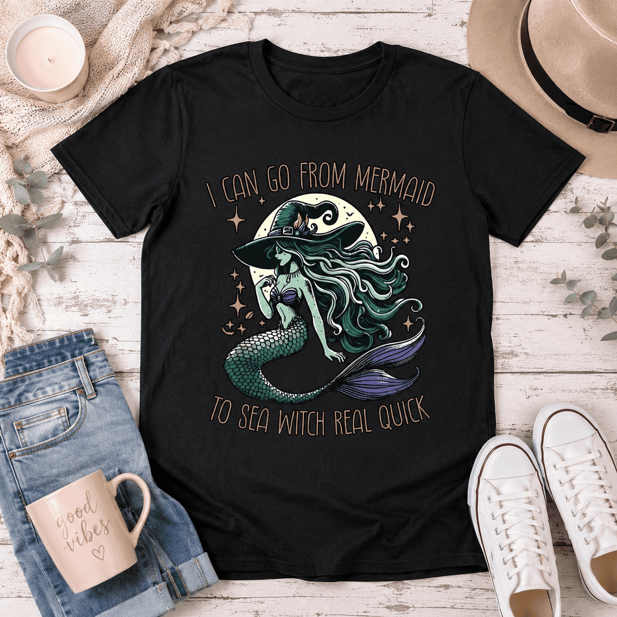 Women Mermaid Sea Witch Graphic T-Shirt Fantasy Ocean Casual Crew Neck Tee Top